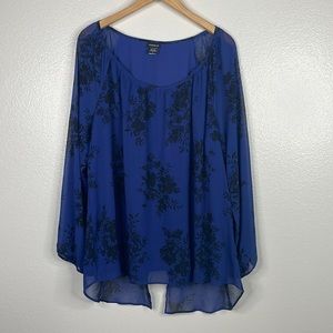 Torrid Long Sleeve Split Back Floral Blouse sz 2X Blue/Black